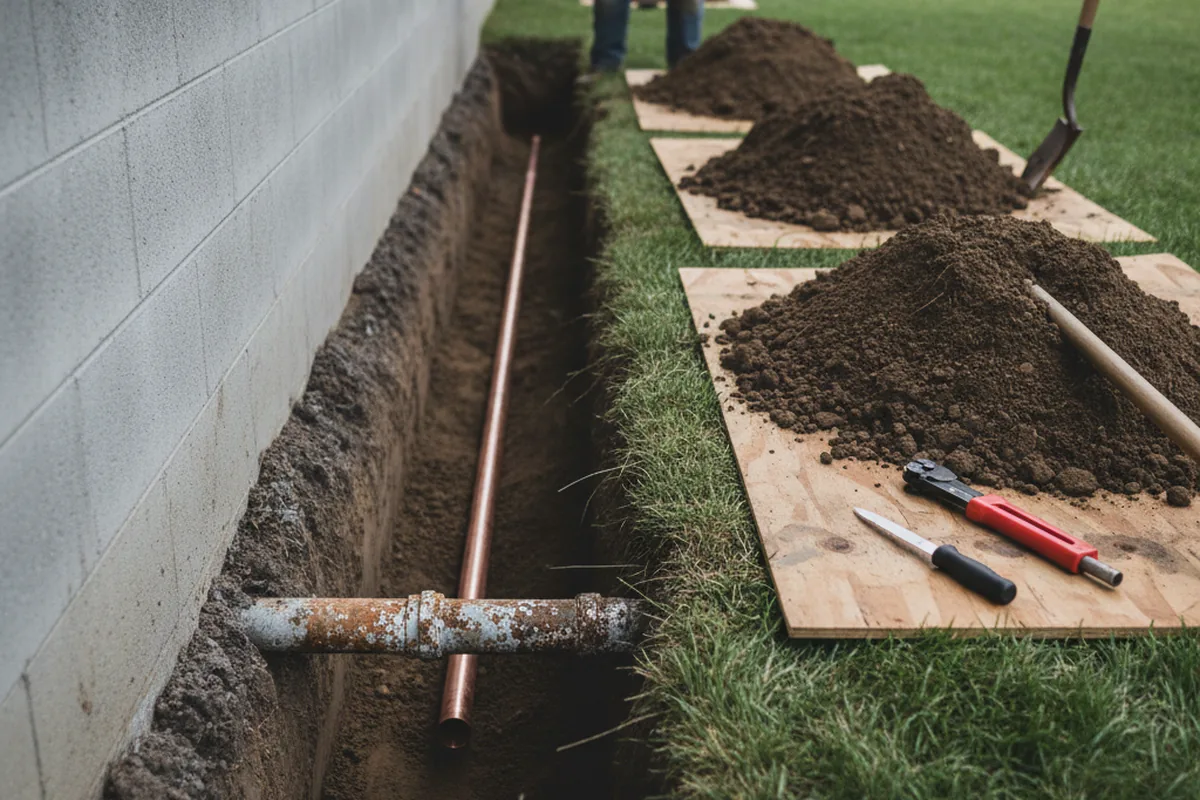 Excavated water line trench during Sewer Line Repair in Bridgeview